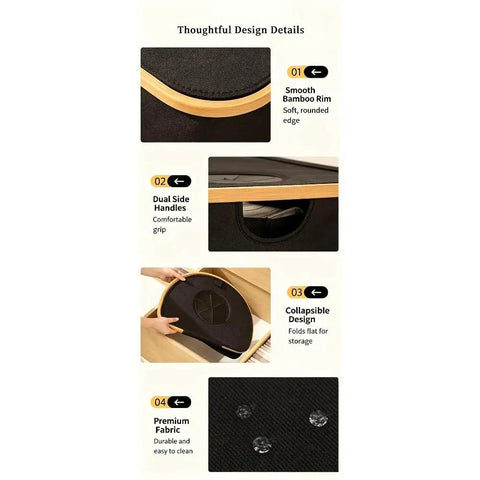 Kick Clutter To The Curb With This Slick Collapsible Storage Bin And Lid Premium Oxford Fabric Organizer Basket Build showing smooth bamboo rim and dual side handles.