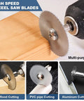 Six-piece HSS drill saw blades set installed on a drill for wood cutting; includes 1/8 and 1/4 in shanks
