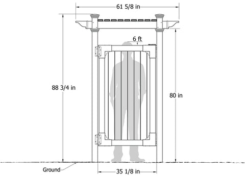 Spacious White Vinyl Outdoor Shower Enclosure With Privacy Door For Pool And Beach No Muss No Fuss dimensions diagram 61 5/8 in wide by 88 3/4 in high