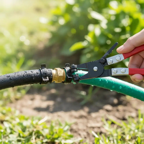 120 Piece Spring Hose Clamps Set From 6mm To 25mm With Swivel Flat Pliers in use on garden hose connection