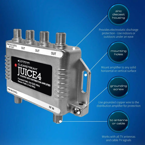 Juice4 Distribution Amplifier Delivers Strong Free To Air TV Signal To Four Televisions For CATV Systems Power Supply Included.