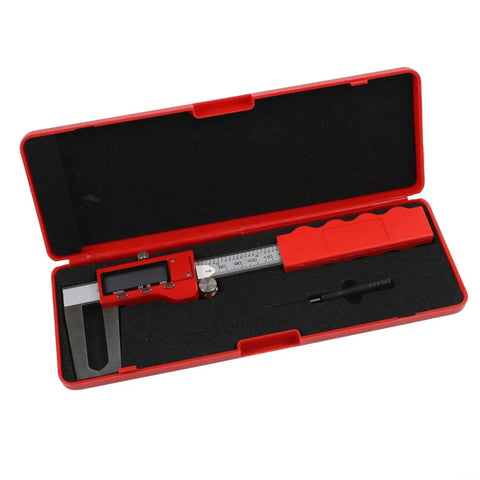 Digital Brake Caliper 0-150mm LCD Electronic Vernier Gauge in red case with open lid, stainless steel and easy-to-read display.