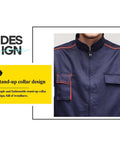 Mens Heavy Duty Long Sleeve Work Set With Strategic Multi Pocket Layout Durable Poly Cotton Blend Designed For The Daily Grind Close-up of stand-up collar design.