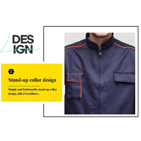 Mens Heavy Duty Long Sleeve Work Set With Strategic Multi Pocket Layout Durable Poly Cotton Blend Designed For The Daily Grind Close-up of stand-up collar design.