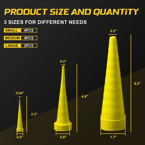 Universal Hydraulic Oil Service Plugs Kit With Oil Resistant NBR Rubber Plugs For Hoses And Joints, Heavy Duty Industrial Grade, Includes Two Large, Four Medium, Four Small Plugs, Size Range 0.04 In To 1.7 In. Size chart for three yellow NBR plugs