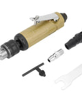 This Badass 3/8 Inch Straight Air Power Drill Hits 22000 RPM For Lightning Fast Drilling, Tapping And Grinding. Super Lightweight Ergonomic Pneumatic Tool Perfect For Tight Spaces, Furniture Assembly Or Tough Hardware Jobs You Need To Crush In Style. with chuck and accessories.
