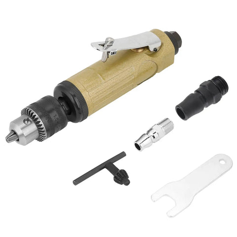 This Badass 3/8 Inch Straight Air Power Drill Hits 22000 RPM For Lightning Fast Drilling, Tapping And Grinding. Super Lightweight Ergonomic Pneumatic Tool Perfect For Tight Spaces, Furniture Assembly Or Tough Hardware Jobs You Need To Crush In Style. with chuck and accessories.