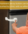 Child pressing decoy button of Outsmart All-Purpose Multi-Use Strap Four Pack White Kidproof Locking Straps For Cabinets Doors Drawers