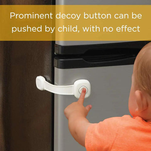 Child pressing decoy button of Outsmart All-Purpose Multi-Use Strap Four Pack White Kidproof Locking Straps For Cabinets Doors Drawers
