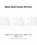 Heavy Duty Metal Shelf Hooks 50 Pack For Pegboard Displays in packaging with dimensions and weight listed underneath