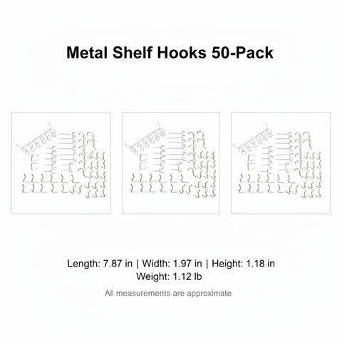 Heavy Duty Metal Shelf Hooks 50 Pack For Pegboard Displays in packaging with dimensions and weight listed underneath