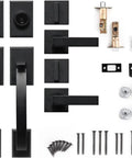 Double Front Door Lock Set With Dummy Handle, Built To Last Heavy Duty Adjustable Lever, Keyed Entry Deadbolt, Matte Black Finish, components displayed
