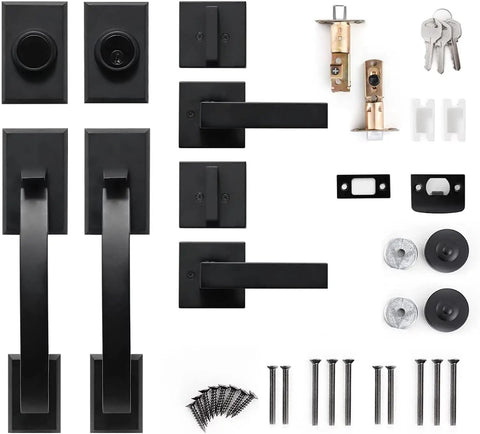 Double Front Door Lock Set With Dummy Handle, Built To Last Heavy Duty Adjustable Lever, Keyed Entry Deadbolt, Matte Black Finish, components displayed
