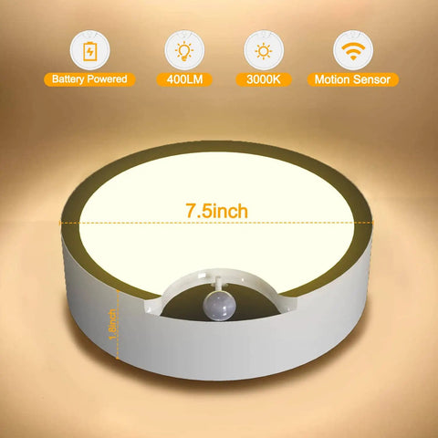 Motion Sensor Light Indoor Battery Powered 80 LED Wireless Ceiling Light 7.5 inch diameter, soft white, 400LM, wall mount
