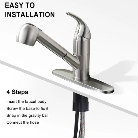 Kitchen Faucet With Pull Out Sprayer, Low Profile Stainless Steel, Single Handle Brushed Nickel Workhorse shown with installation steps