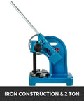 Heavy Duty 2 Ton Manual Arbor Press Desktop Punch Machine With Kickass Cast Iron Frame And Smooth Handwheel For No Sweat Metal Stamping And Bearing Install Jobs In Your Garage, blue iron construction.