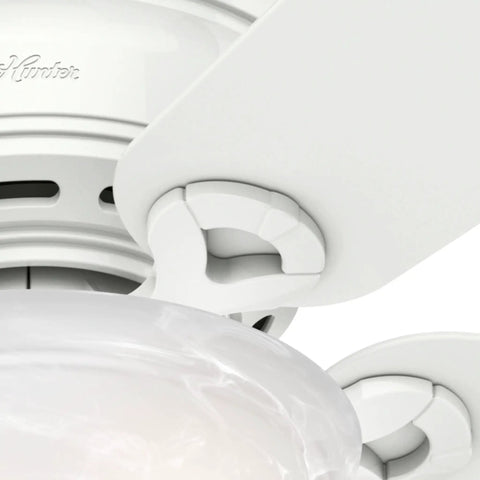 Close-up of a Conroy Indoor Low Profile Ceiling Fan With LED Light And Pull Chain Control 42 Inch Snow White Finish