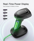 Wireless 2D Barcode Scanner Bluetooth 1MP QR Code Scanner With All Day Battery Life Charging Cradle Data Receiver And Replaceable 2000mAh Batteries For Continuous Shift Work showing real-time power display on charging cradle.