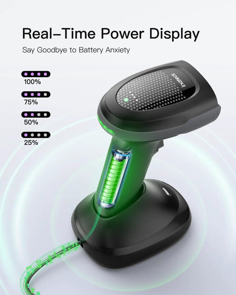 Wireless 2D Barcode Scanner Bluetooth 1MP QR Code Scanner With All Day Battery Life Charging Cradle Data Receiver And Replaceable 2000mAh Batteries For Continuous Shift Work showing real-time power display on charging cradle.