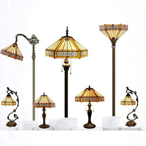 Lit Tiffany Style Pendant Light Hardwired Yellow Hexagon Stained Glass 12 Inch Mission Hanging Lamp S011 Series variety