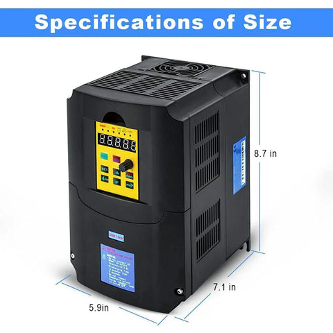 Front view of black 7.5kW VFD drive with yellow control panel, digital display, and control knob.