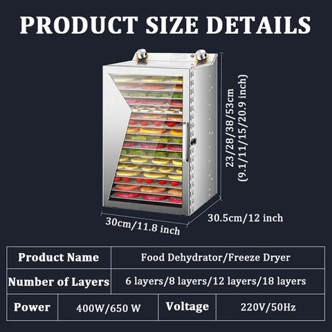 12-Tier Stainless Steel Food Dehydrator Machine with Digital Timer and Thermostat for Beef Jerky and Dried Fruit Preserves with Whisper-Silent Quiet Operation and EZ Slick Cleanup, Plus Dual Fan Tech with 360-Degree Airflow to Get Veggies and Herbs Just, showing size details and multiple trays.