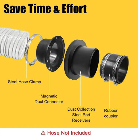 4 Inch Magnetic Dust Collection Hose Adapter Coupling Kit with steel clamp, duct connector, and rubber coupler for easy setup.