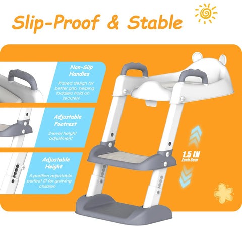 No Stress Toddler Potty Training Seat With Built In Step Stool Ladder And Heavy Duty Safety Handles Real Game Changer Featuring Super Adjustable Height Settings And Quick Fold Flat Storage In Modern Grey