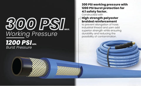 Lightweight Half Inch 100 Foot Rubber Air Hose With 300 PSI, Kink-Resistant And Lays Flat, 100 Percent Rubber Construction, Ultra Flexible And Strong, Ozone Resistant, Temperature Range 50F To 190F, High-Strength Polyester Braided