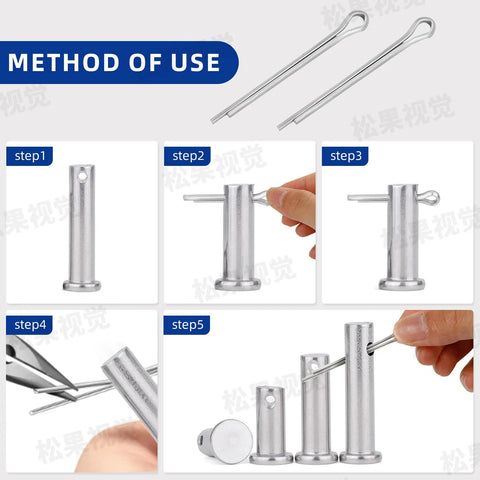 Instructional steps for using cotter pins from 180 Pcs Cotter Pins Assortment Kit With 7 Stainless Steel Sizes For Trailer Hitches Mowers Trucks Engine Repair And Tow Clips Ready To Roll Heavy Duty Fasteners For Clamps And Equipment.