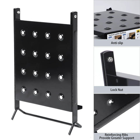 Pro Grade Heavy Duty Ladder Platform With 400 Lb Capacity Anti Slip Standing Surface And Tool Tray Rock Solid Safety Locking Wobble Free Extension Ladder Stand For Painting And Home Repairs Thick Steel Construction Black with anti-slip and lock nut details.