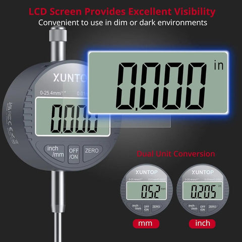 Digital Dial Indicator 1 Inch Range With 0.0005 Inch Resolution LCD Display Inch To Metric Conversion 132 Lbs Magnetic Base