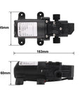 Heavy Duty 12V Automatic Electric Diaphragm Water Pressure Pump with dimensions 95mm x 163mm x 60mm, solid build quality for RV and marine use.