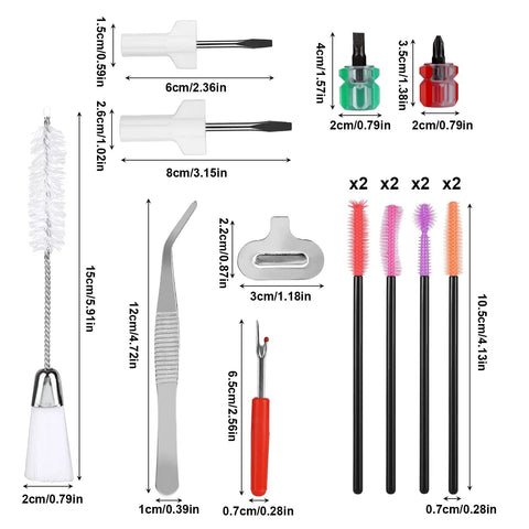 Contents of 16 Piece Sewing Machine Cleaning Kit With Dual Head Brush, Tweezers, Seam Ripper, Silicone Brushes And All Purpose Screwdrivers