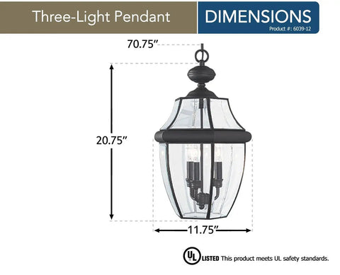 Traditional Three Light Outdoor Pendant Lantern With Black Finish And 40 Watts Exterior Fixture For Porch Or Yard 20.75 Inch Height
