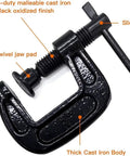 Heavy Duty 1 Inch C Clamp Set Cast Iron Built Tough With 0.8 Inch Throat And Rust Resistant Finish shown with labeled parts.