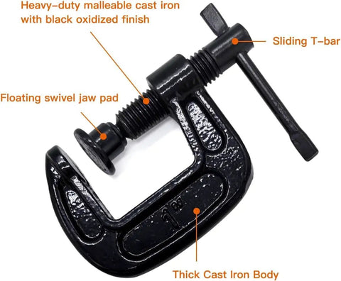 Heavy Duty 1 Inch C Clamp Set Cast Iron Built Tough With 0.8 Inch Throat And Rust Resistant Finish shown with labeled parts.