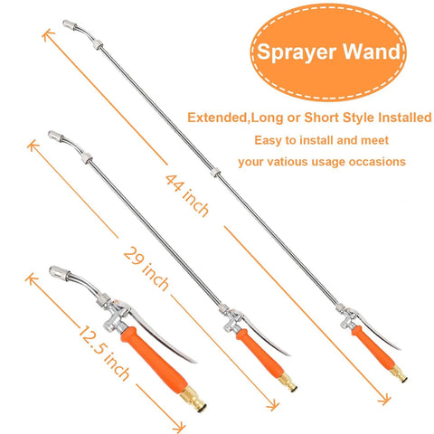Heavy Duty All Metal Sprayer Wand With Built In Shut Valve For Garden Hose Quick Connectors, showing 44 inch size variations.