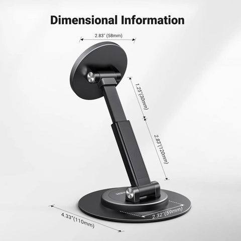 Dimensional view of Magnetic MagSafe Phone Stand for desk, height adjustable and 360 degree rotation, in black.