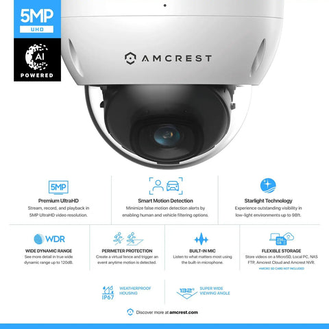 5MP PoE Outdoor Security Camera With Vandal Dome Ultra Clear Night Vision 132 Degree Wide View IP67 Weatherproof IK10
