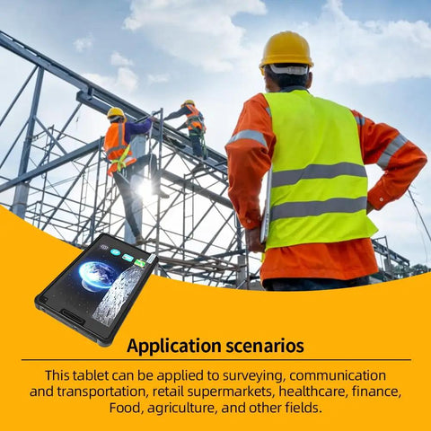 Hardcore Rugged Android 11 Tablet With 8GB Ram And 256GB Storage, Industrial Handheld Pc For Warehouse And Field Work, Designed To Crush Any Job And Snag Barcodes Fast on construction site with workers.