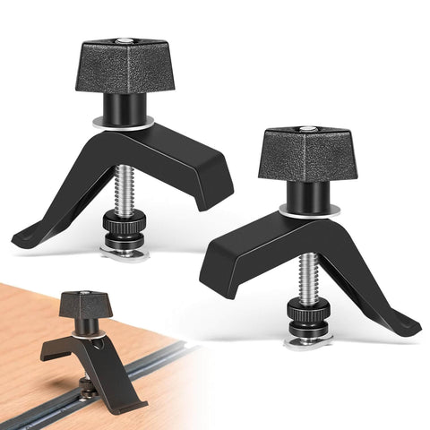 Two Replacement Track Clamps Kit for Clamp Trak Accu Cut Adaptive Cutting System Mini Trak and Universal Trak Kits in use on wood.