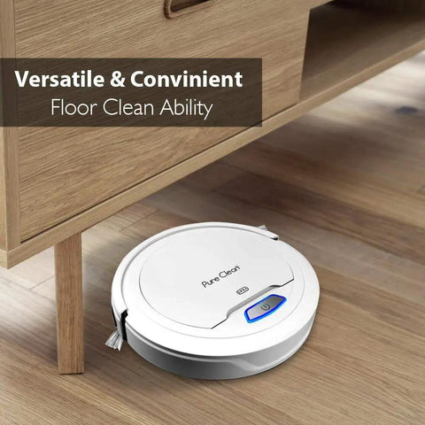 Robot Vacuum Cleaner With Upgraded Lithium Battery 90 Minute Runtime Auto Stairs Detection Pet Hair Removal Allergy Friendly Home Cleaning For Carpet And Hardwood Floors PUCRC25 V3 on hardwood floor under furniture