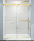 Super Sleek Frameless Double Bypass Sliding Shower Door In Brushed Gold With Adjustable 55 To 60 Inch Width And 76 Inch Height Featuring 5/16 Inch Tempered Glass With Bomb Proof Safety Film For A Totally Smooth Slide Experience, showcased in a modern bathroom with marble tiles.
