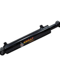 2x8 hydraulic cylinder, side view, 2 in bore, 8 in stroke, black with AMRAP Hydraulics logo, welded cross-tube.