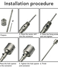 Concrete Hole Saw Kit With Tungsten Steel YG8C Alloy Triple Tooth Design, Ventilation Holes For Quick Drilling Through Hollow Bricks, Cement Walls And Concrete, Universal Hammer Drill Compatible installation steps shown