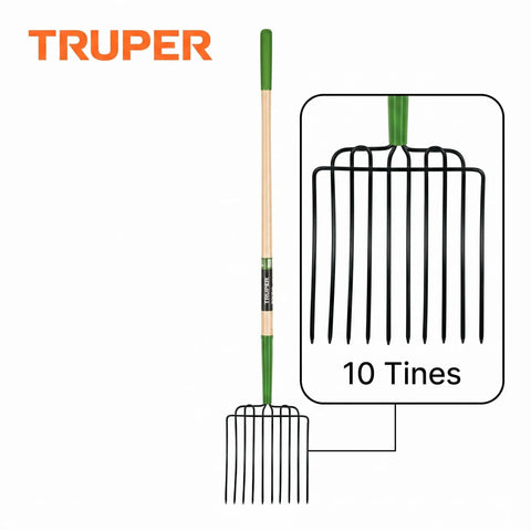 Heavy-Duty Manure And Bedding Fork With 54-Inch Ash Wood Handle, 10-Tine Forged Steel Head For Stable Clean-Up, Barnyard Chores