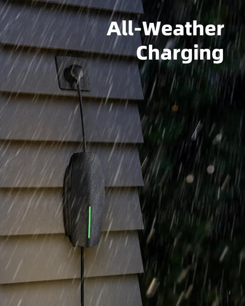 Nema 10-30 Adapter For Tesla Mobile Charger Gen Two mounted on wall during rain for all-weather charging use.