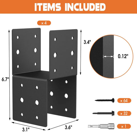 Heavy Duty 4x4 Post Bracket Kit For Wood Decks, 4 Pack With 14 Gauge Steel Base, Durable Anchor Connectors And Screws, Inner Diameter 3.6 Inches