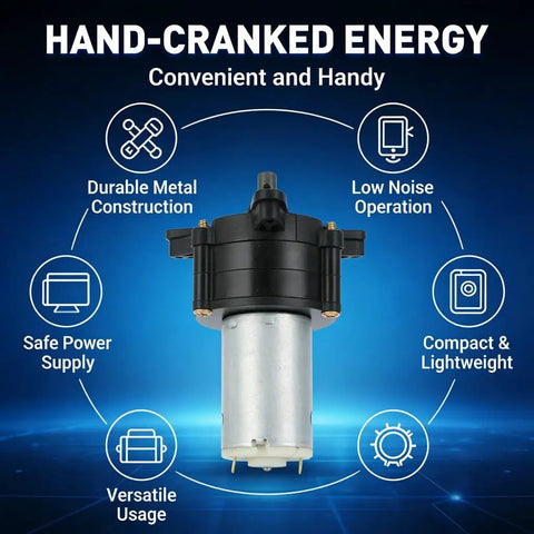 Emergency Hand Crank Radio And Portable Generator, durable metal build, compact, low noise operation, versatile use.